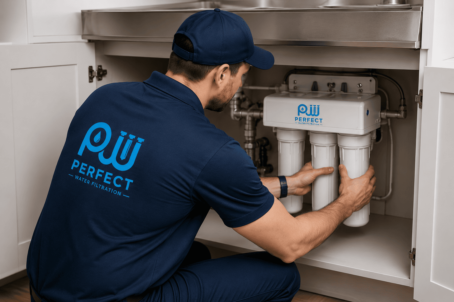 Technician installing a drinking water filtration system under a kitchen sink